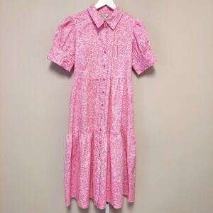 Crown Ivy Pink Paisley Button Up Tiered Midi Dress PS Preppy Vacation Resort